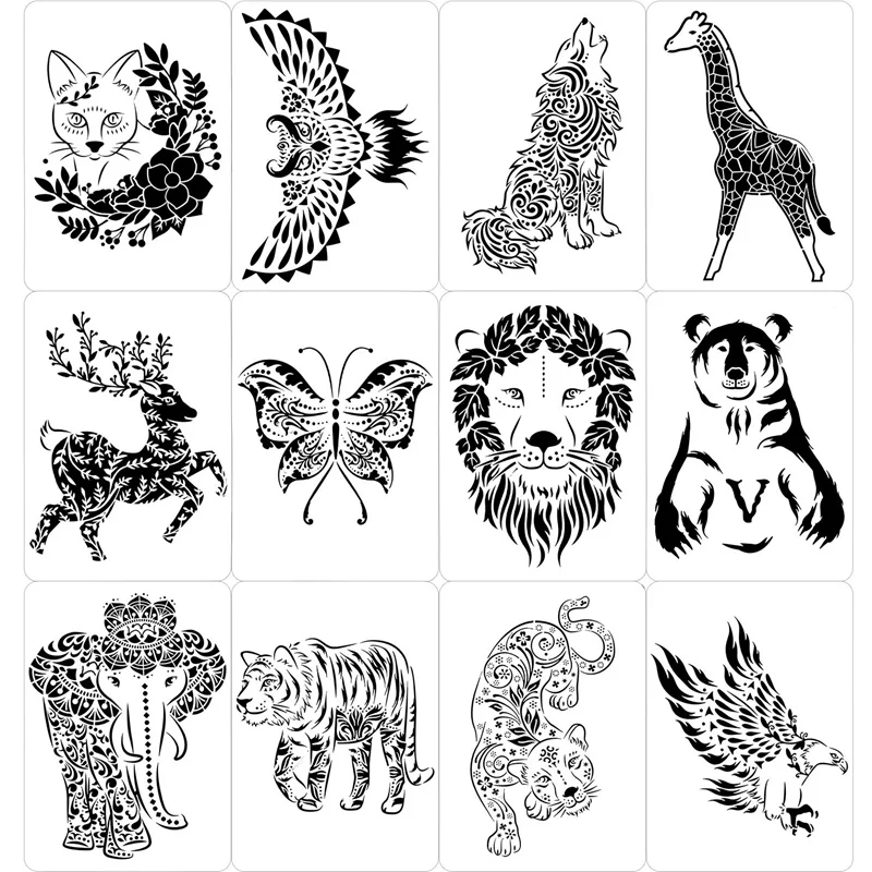 

12Pcs/Lot A4 Mandala Animals DIY Wall Layering Stencils Painting Scrapbook Coloring Embossing Album Decorative Template
