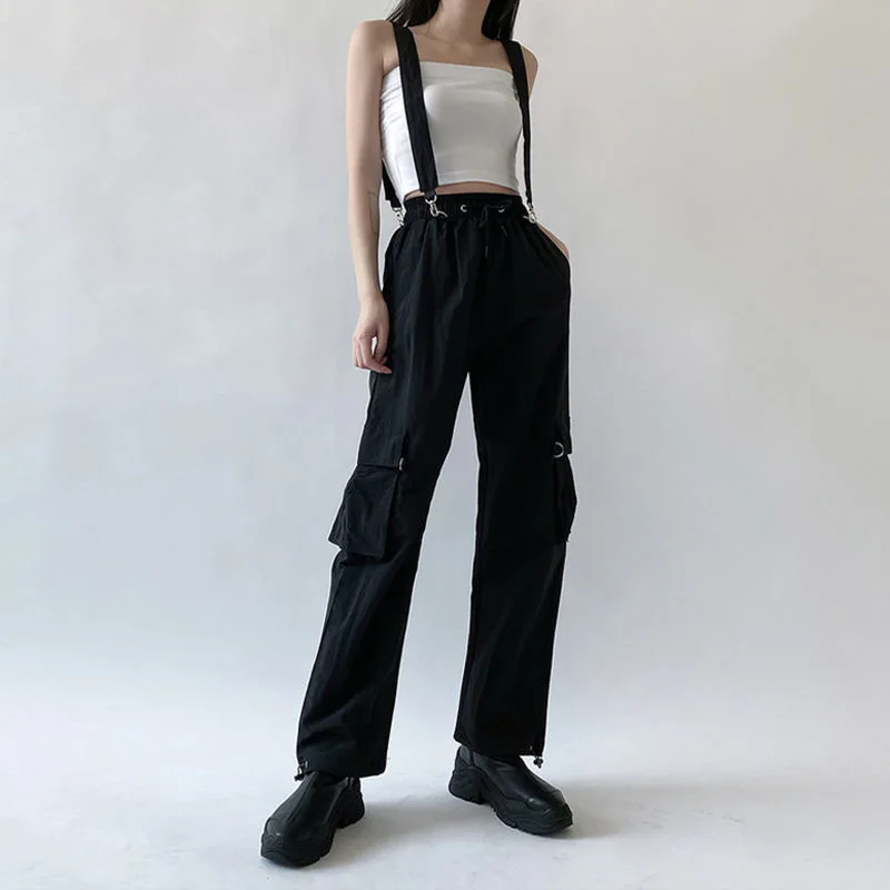 

Women Fashion Harajuku Cargo Pants Black Detachable Strap Trousers Female Elastic Waist Streetwear Pants Plus Zise Casual Pants
