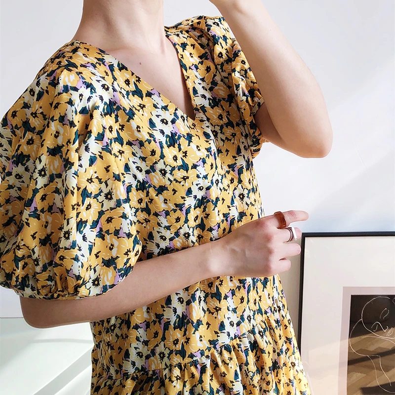 Винтажные Цветочный принт с буфами на рукавах Женские Сезон лето платье v