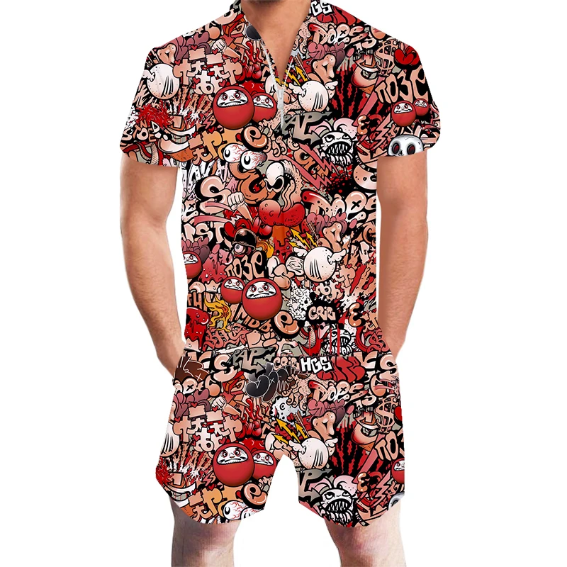 

OGKB Summer Men's Rompers Graffiti Print 3D Zipper Short Sleeve Jumpsuit Streetwear Casual Homewear Oversize 6XL Siamese Pants