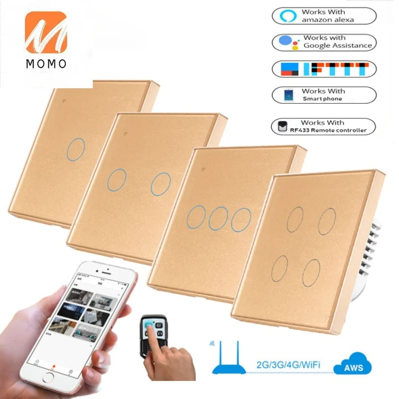 

Luxury Tuya and smart life APP EU UK 1 2 3 4 gang 2 way smart wifi rf touch switch with single live line wiring