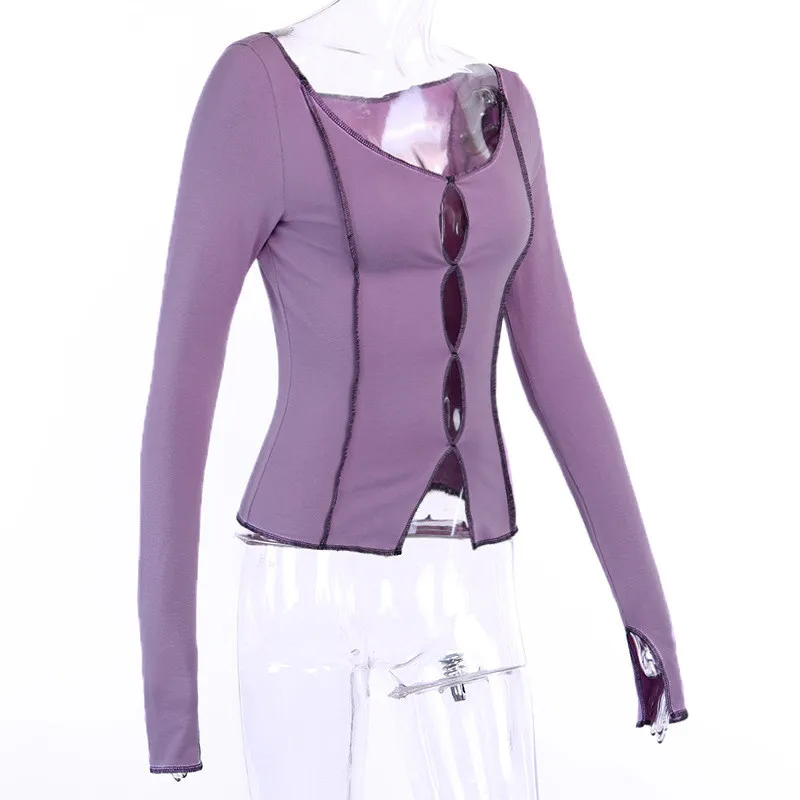 

Sexy solid hollow out top long sleeve O-neck t-shirt woman 2021 casual Autumn Spring top