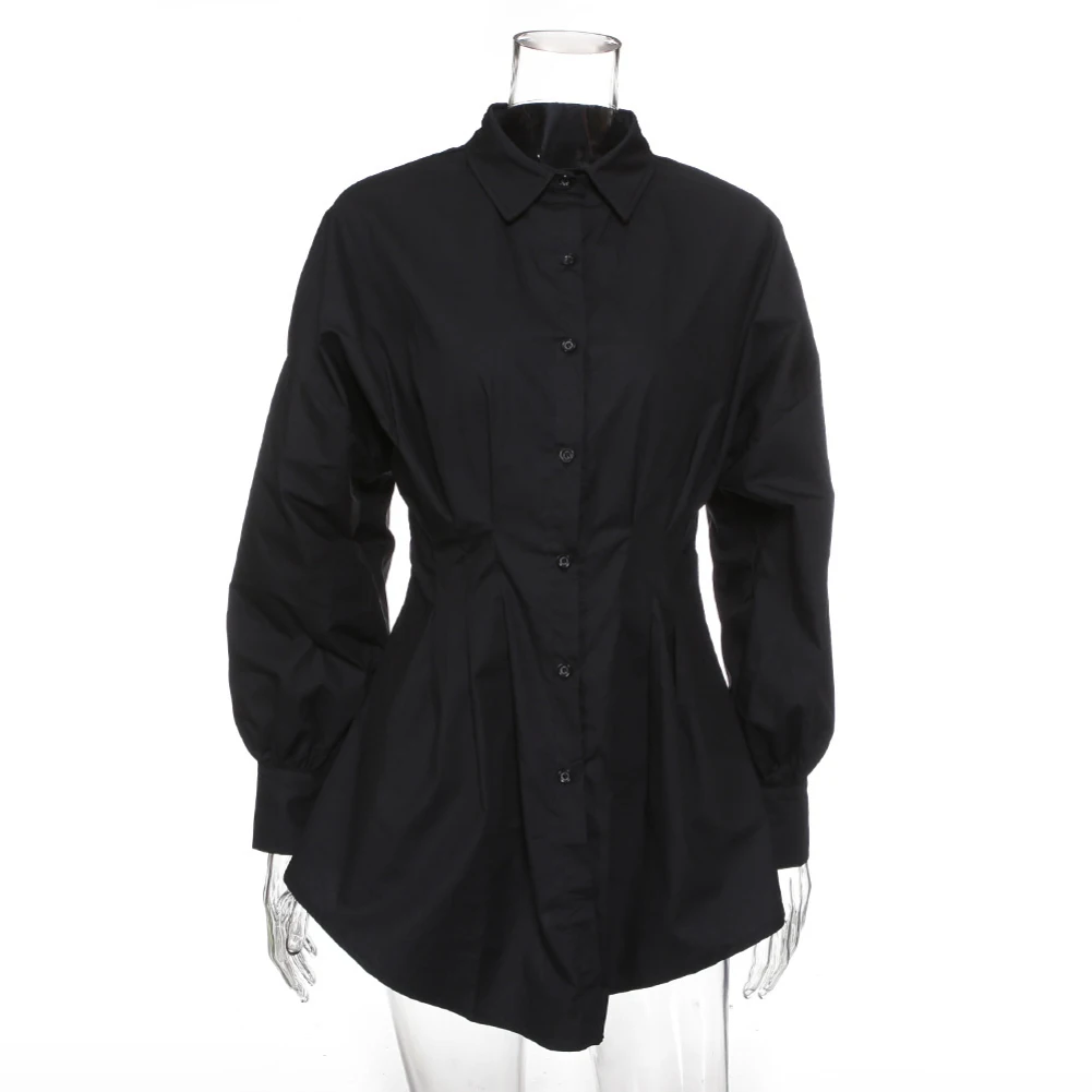 Женская Однотонная рубашка с отложным воротником V образным вырезом и длинным