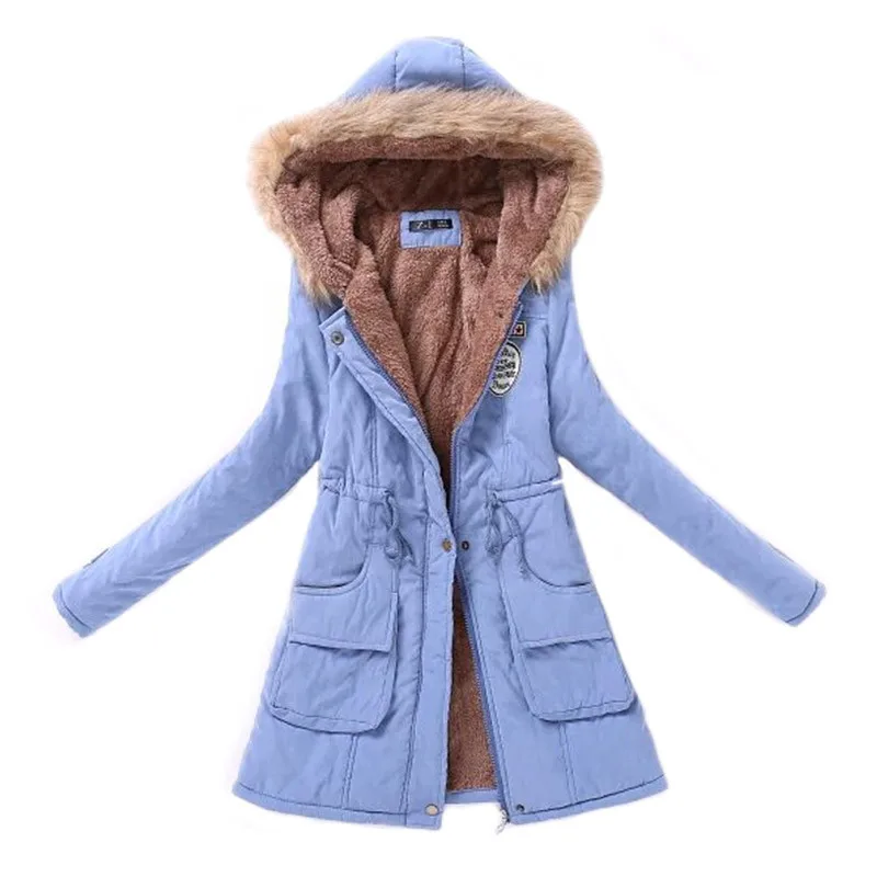 Light blue Женская парка Модные осенние зимние теплые куртки Женский меховой воротник пальто длинные парки толстовки офисные женские хлопковые большие размеры - Цвет: Light blue