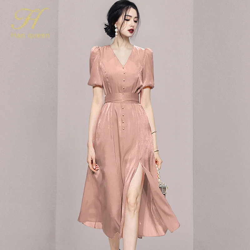 

Женское Сетчатое однобортное платье H Han Queen, винтажное элегантное Деловое платье-трапеция с V-образным вырезом, с разрезом, лето 2021
