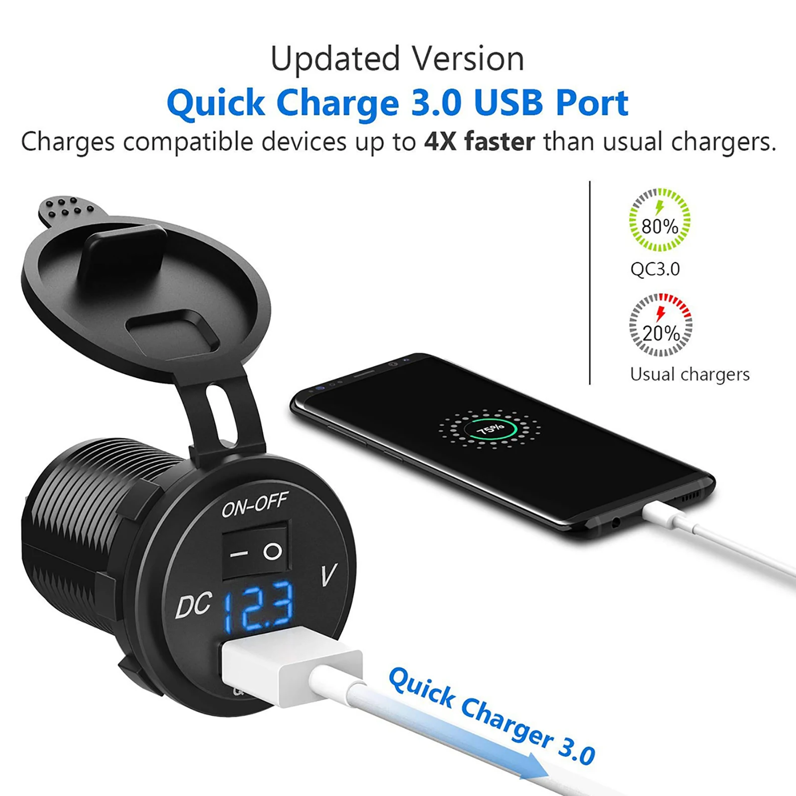 DC 12V-24V Quick Charge 3.0 Car USB Charger Socket LED Voltmeter With ON/OFF Switch Universal For ATV Motorbike Boats |