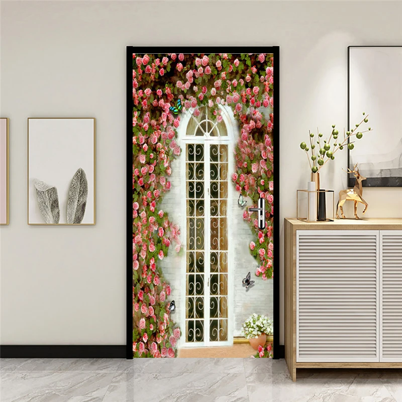 

Creative Pink Rose Gate Door Stickers Removable PVC Self-adhesive Wallpaper Home Decor Vinyl Wall Murals Door Art Poster Murals