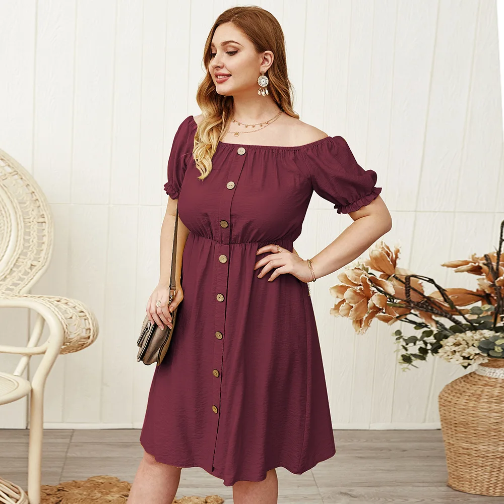 Plus Size 4XL Women Summer Dress Solid High Waist Sundress Sexy Cold Shoulder Deep Vestidos Slash neck Loose Button Short | Женская