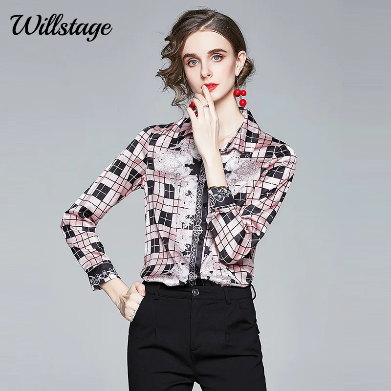 

Willstage plaid shirt elegant pink blouse women long sleeve button female positioning of printing restoring ancient Autumn tops