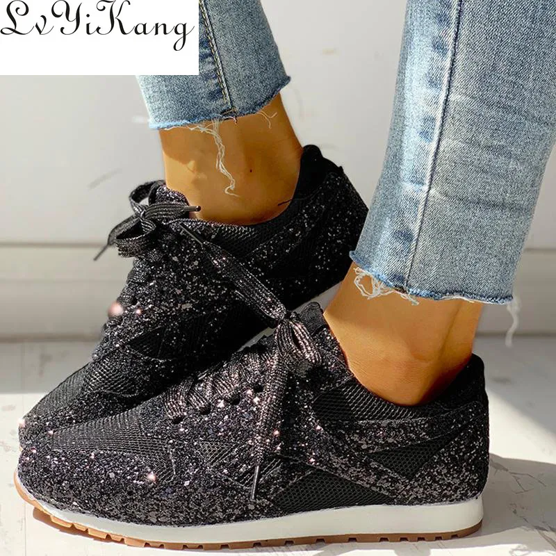 Кроссовки женские с блестками Вулканизированная подошва сетчатые на шнуровке