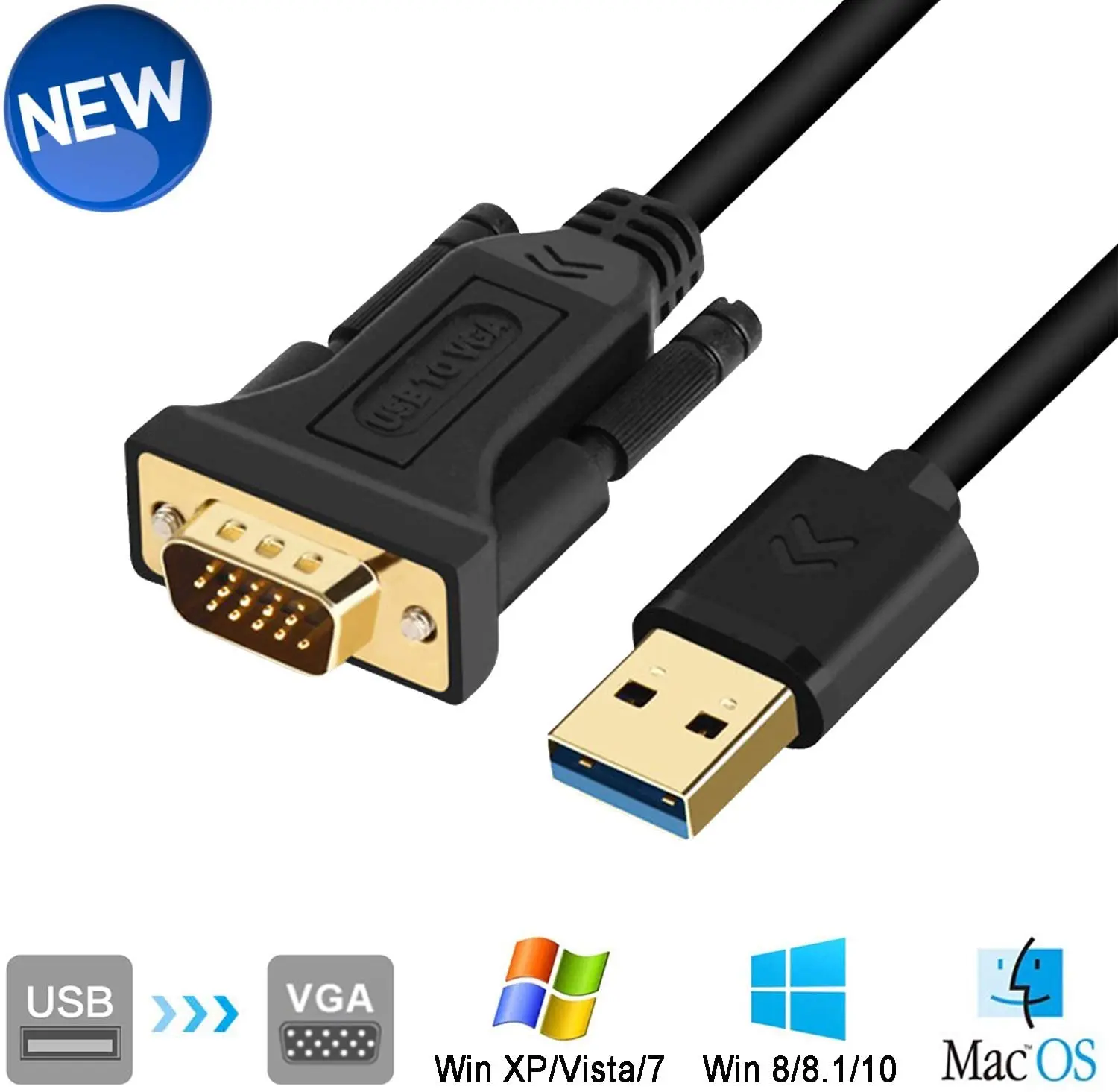 Кабель-адаптер USB-VGA 5 футов, совместимый с Mac OS Windows XP/Vista/10/8/7, USB 3,0 для VGA папа 1080P, видео-монитор