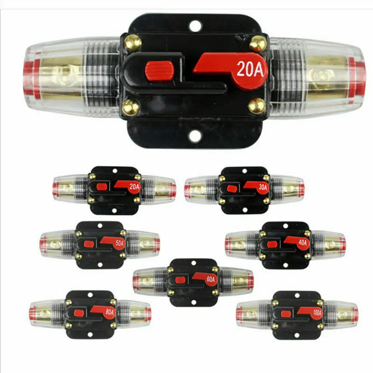 Auto Audio Amplifier Circuit Breaker Reset Fuseholder 12V-24V DC 20A 30A 40A 50A 60A 80A 100A Circuit Breaker Fuse Adapter