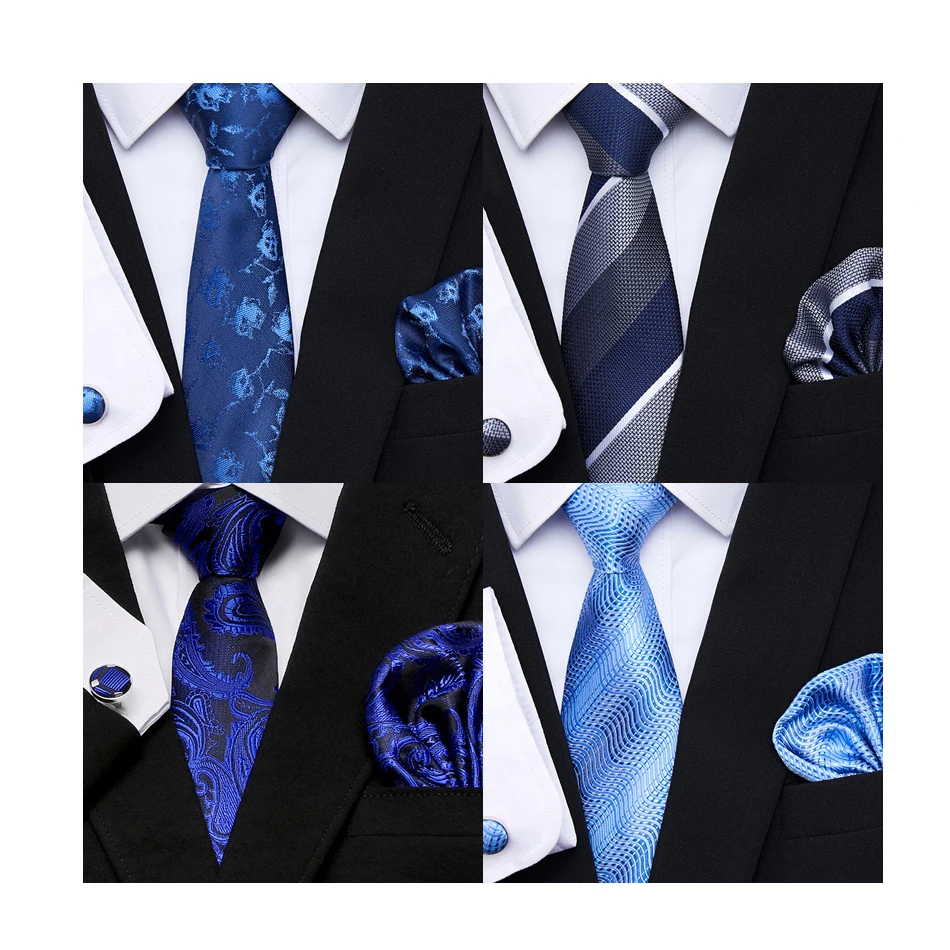 2021 New Design Jacquard 7.5 cm Necktie Set Tie Handkerchief Cufflink Man Gray Wedding  Sky Blue Striped St. Valentine's Day