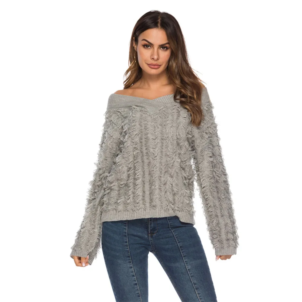 Autumn Winter Sweater Women 2019 Casual Solid Off Shoulder Oversized Tassel Loose V Neck Warm Pullover Knitted Sweaters | Женская одежда