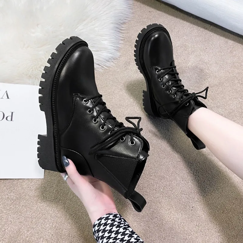 2021 New Women Mid Calf Boots Autumn Winter Fashion Lace-up Zipper Botas Mujer Comfortable Platform Heel Leather Women Boots