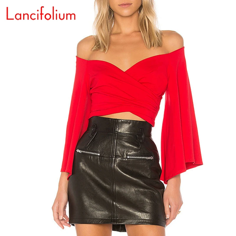 Sexy Off Shoulder Flare Long Sleeve Crop Blouse Women Summer Wrap Shirt 2020 Cropped Silk Blouse Ladies Red Korean Elegant Top