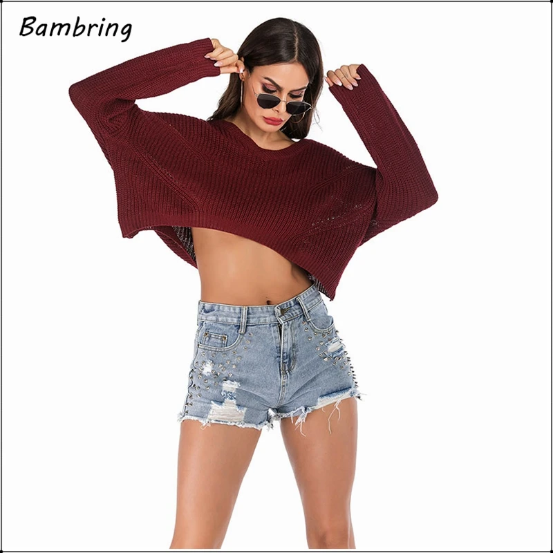 Женский вязаный пуловер с длинным рукавом черный свободный свитер бордового