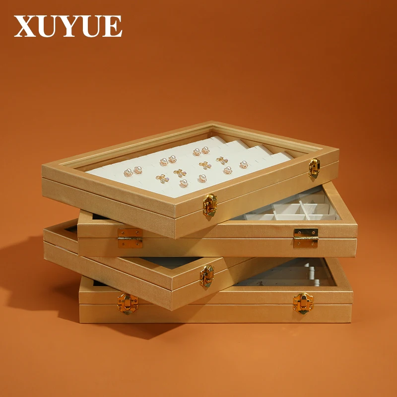Gold White Thousand Silk PU Glass Cover Jewelry Tray Necklace Pendant Ring Storage Tray Jewelry Storage Tray