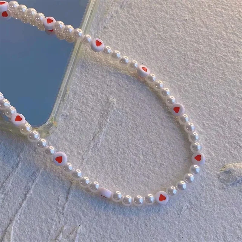 new ins trendy red love heart pearl chain mobile phone chains anti lost handmade acrylic charm cord lanyard for women girls free global shipping