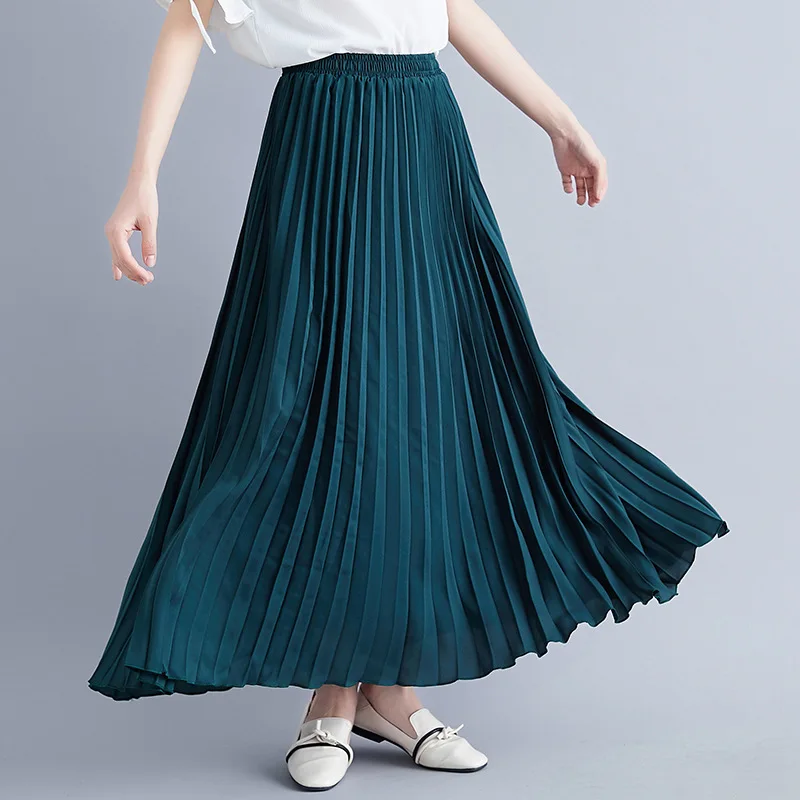 

Harajuku Casual High Waist Woman Skirt Elegant Faldas Elastic Long Black Pleated Skirt Jupe Femme Fashion Streetwear Solid Q3356