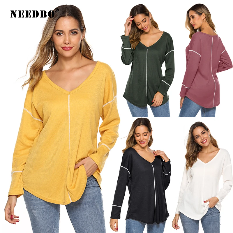 Женская футболка с длинным рукавом однотонная v-образным вырезом тонкая