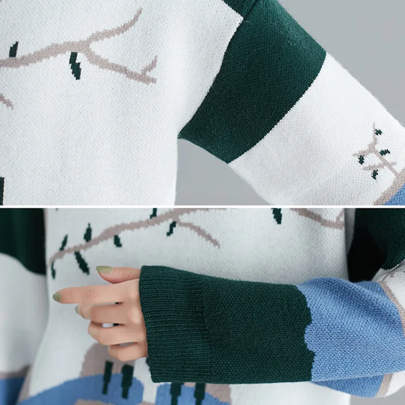 

#1276 Cartoon Printed Sweater Women Loose Casual Vintage Sweater Knitted Retro Women Pullover Cotton Sweaters Ladies Knitwear