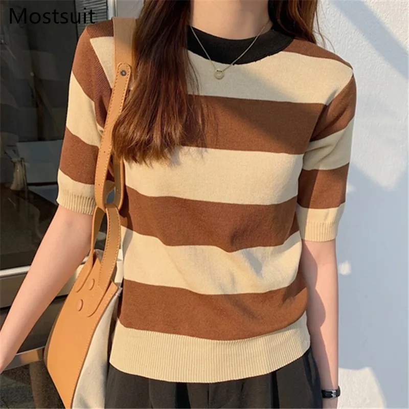 

Summer Korean Striped Knitted Pullover Sweater Women Short Sleeve O-neck Slim Tops Korean Color-blocked Ladies Jumper Femme 2021