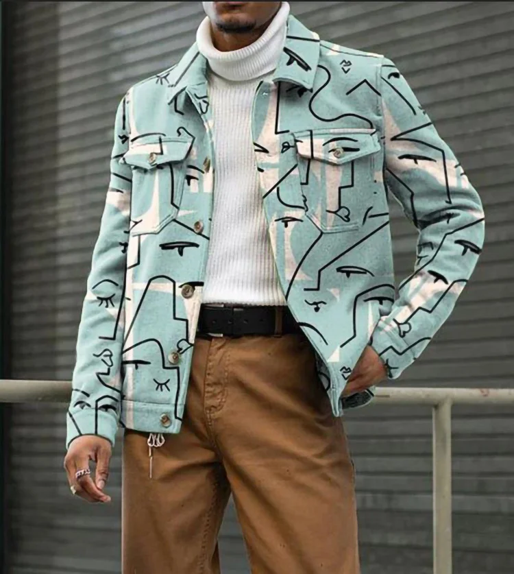 

Новинка 2021, мужское пальто NSHYPOI, повседневная трендовая куртка с отложным воротником и цифровым принтом, зимняя модная твидовая рубашка с аб...