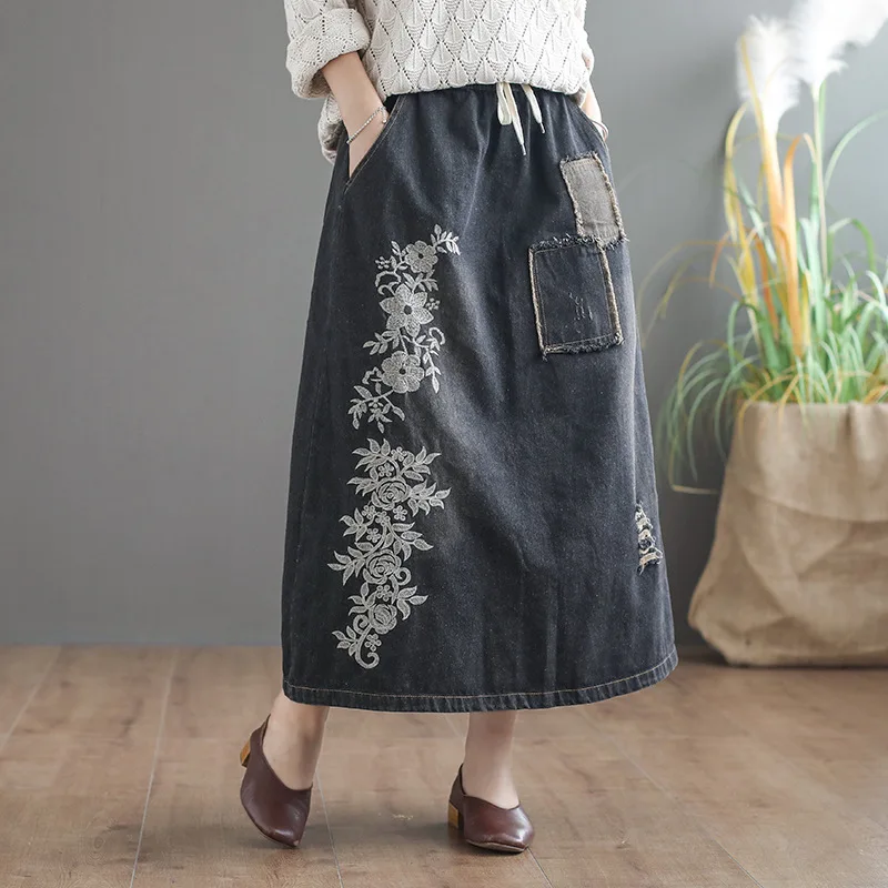 Осенняя Юбка Ретро Женская эластичная талия свободная джинсовая юбка 2019 Новая