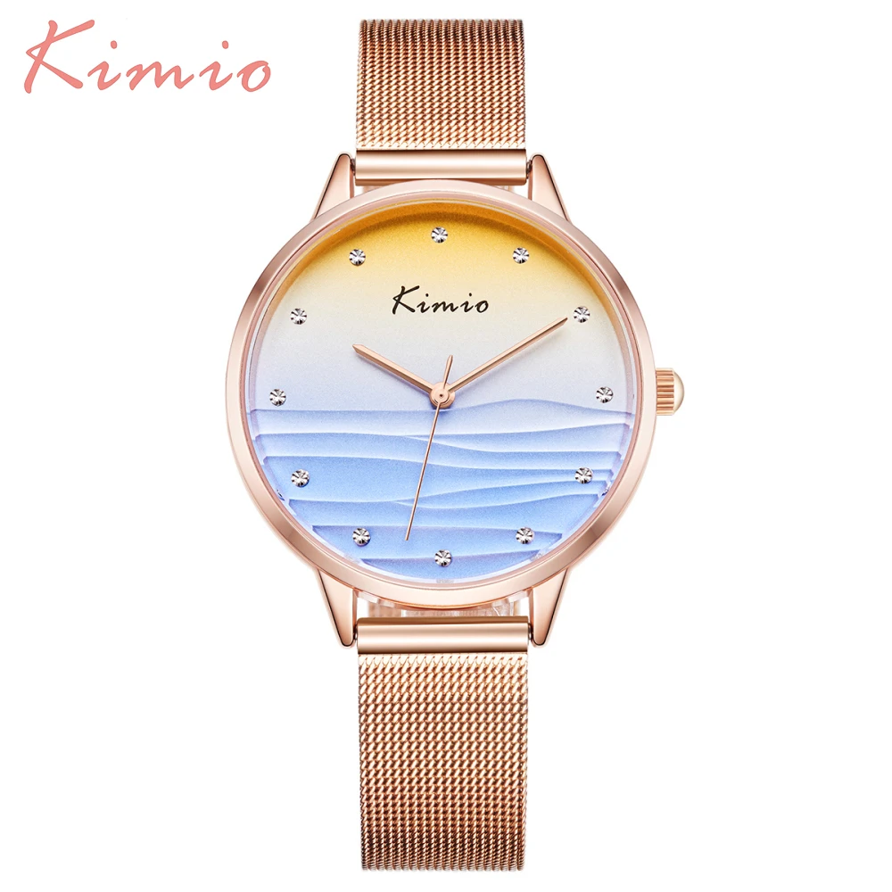 

KIMIO Ocean Blue 2021 Fashion Ladies Watches For Women Creative Rose Quartz Gold Watch Women Stainless Steel Mesh Wristwatches