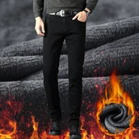 2020 winter new mens warm business casual jeans stretch straight slim classic black denim pants mens brand
