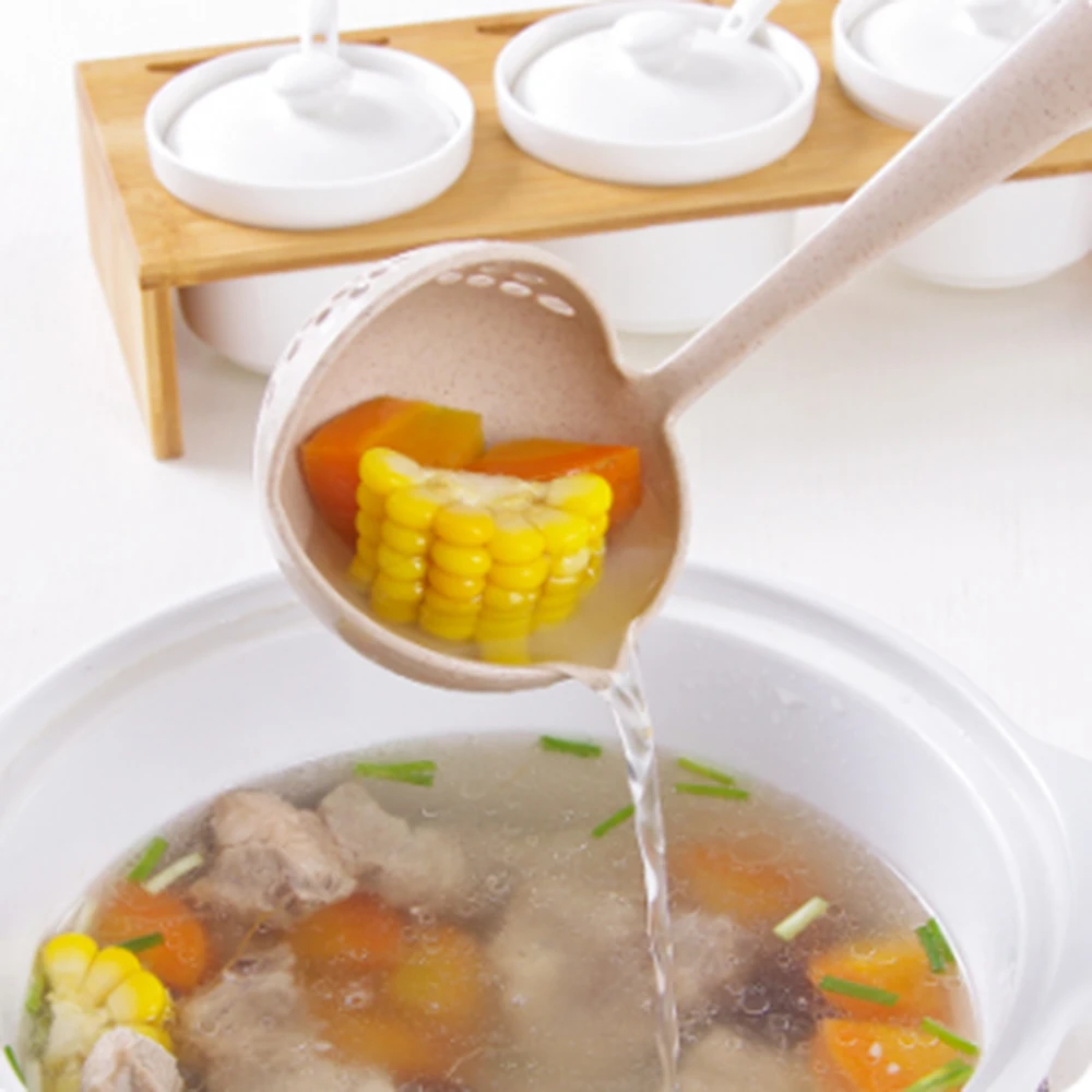

Kitchen Accessories Cooking Shovels 2 In 1 Long Handle Melon Scoop Plastic Spoon Colander Soup Vegetable Strainer Kitchen Tools