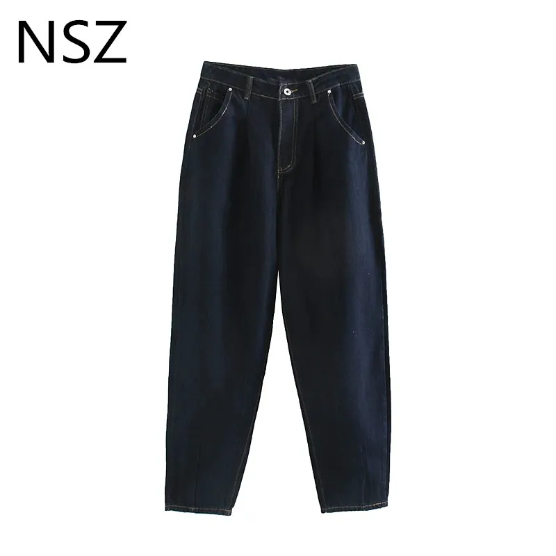 NSZ женские синие джинсы с высокой талией Свободные плиссированные джинсовые