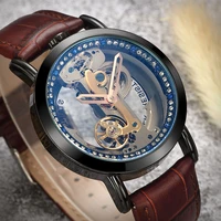 transparent automatic mechanical watches men creative skeleton self wind bronze black brown leather male wristwatch clock