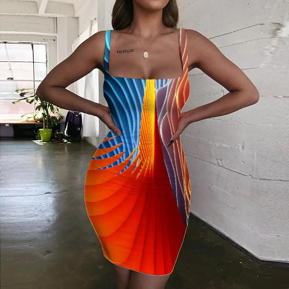 

Giyu Brand Geometric Dresses Women Psychedelic Vestido Sexy Vortex Sundress Color Halter Sleeveless Womens Clothing Plus Size