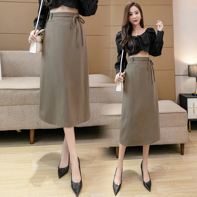 

New Fashion Lace-up High Waist A-line Long Skirts Womens Korean Style Elegant Solid Suit Skirt Office Lady Autumn Midi Skirts