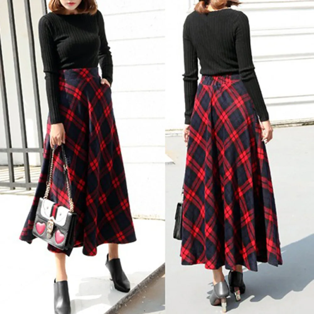 Женская длинная юбка в клетку красная или черная клетчатая юбка-макси с высокой