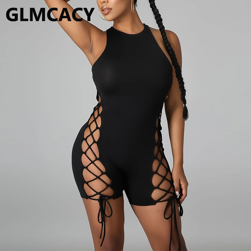 

Женский однотонный комбинезон без рукавов с круглым вырезом