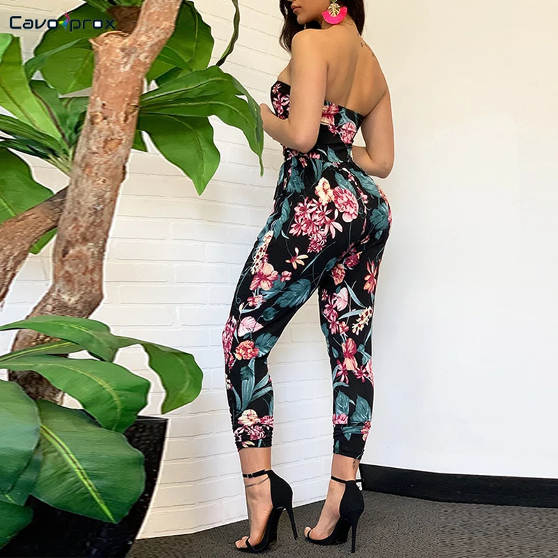 Женский цветочный принт без бретелек Облегающий комбинезон Повседневный Без