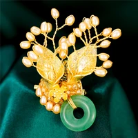 korean luxury natural freshwater pearl handmade gold plated women brooches elegant green jade corsage female brooch pin jewelry