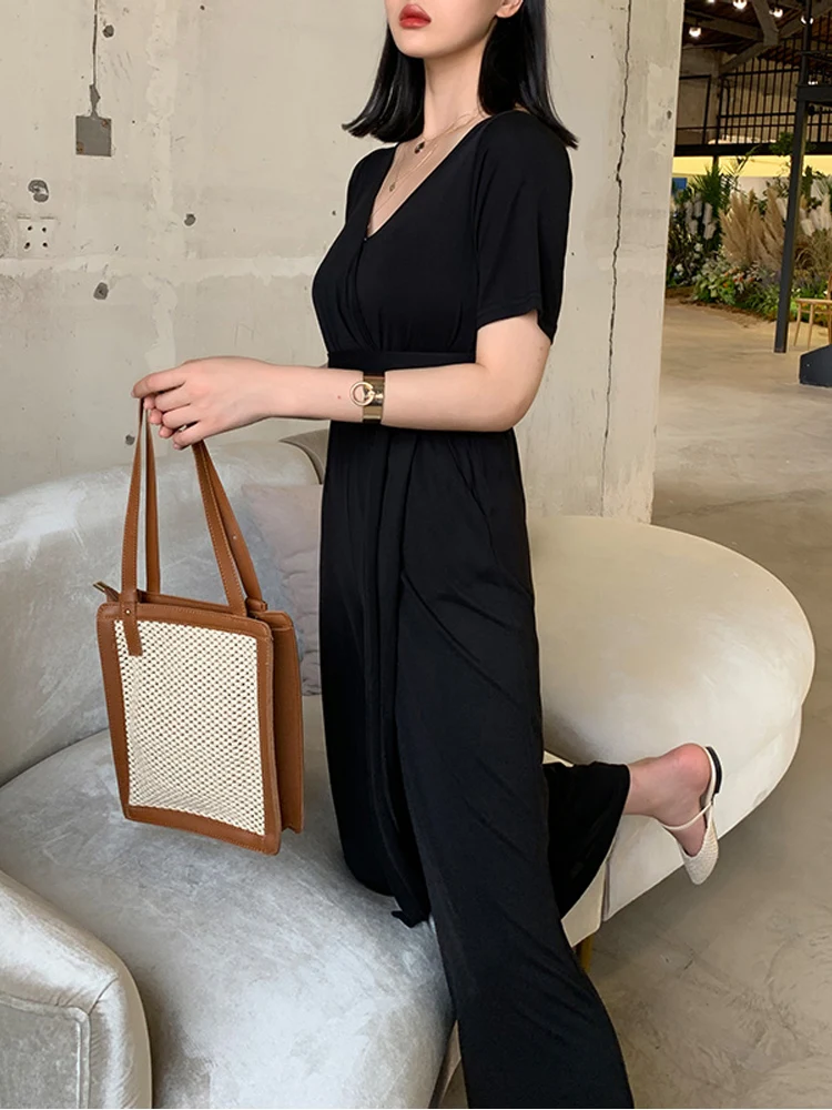 

Elegant Loose Bodycon Wide Leg Bandage Jumpsuit Women 2019 Summer Sexy Solid Copper-Ammonia Silk Long Playsuit High Quality