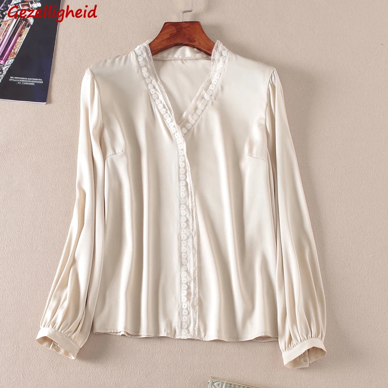 

Gezelligheid Blouses For Women 2021 Autumn Runway Fashion Elegant V-Neck Long Sleeve Casual Slim Mulberry Silk Solid Shirts Tops