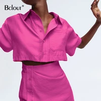 bclout hollow out slim pink shirt dress office lady summer turn down collar single breasted short sleeve mini dresses women 2021