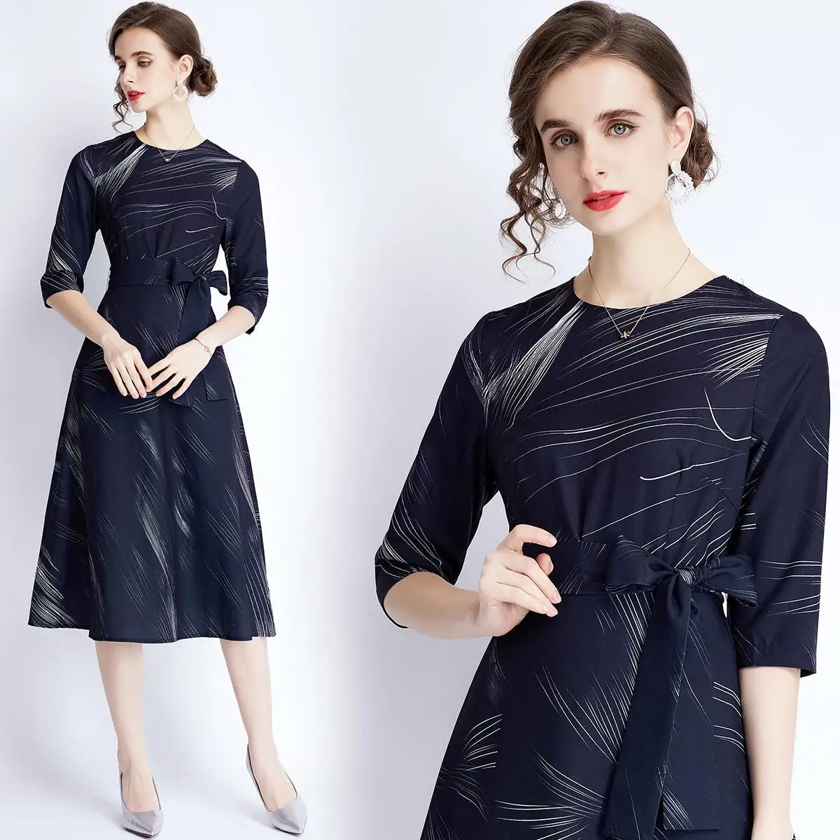 

Женское винтажное платье-трапеция с принтом, темно-синее