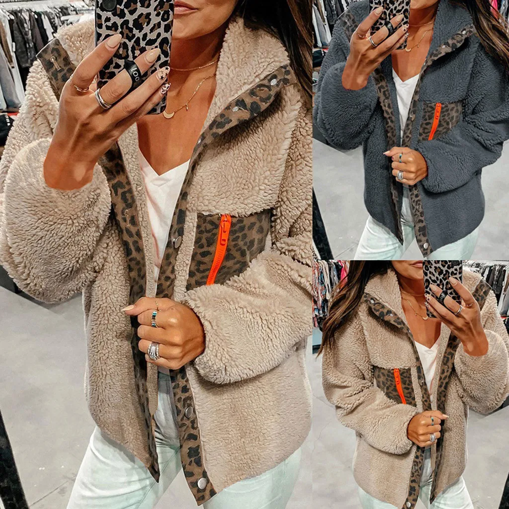 Модное леопардовое пальто Женская куртка на молнии с карманами и пуговицами