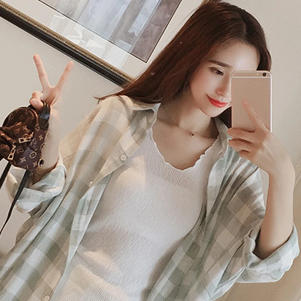 2019 Весна большая клетчатая рубашка Женская Корейская Толстовка Harajuku тонкий Blosue