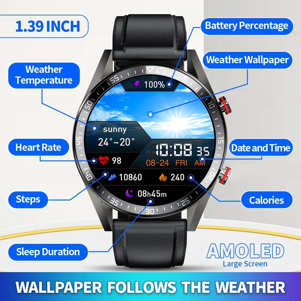 454454 amoled screen smart watch always display the time bluetooth call local music smartwatch for men android tws earphones free global shipping