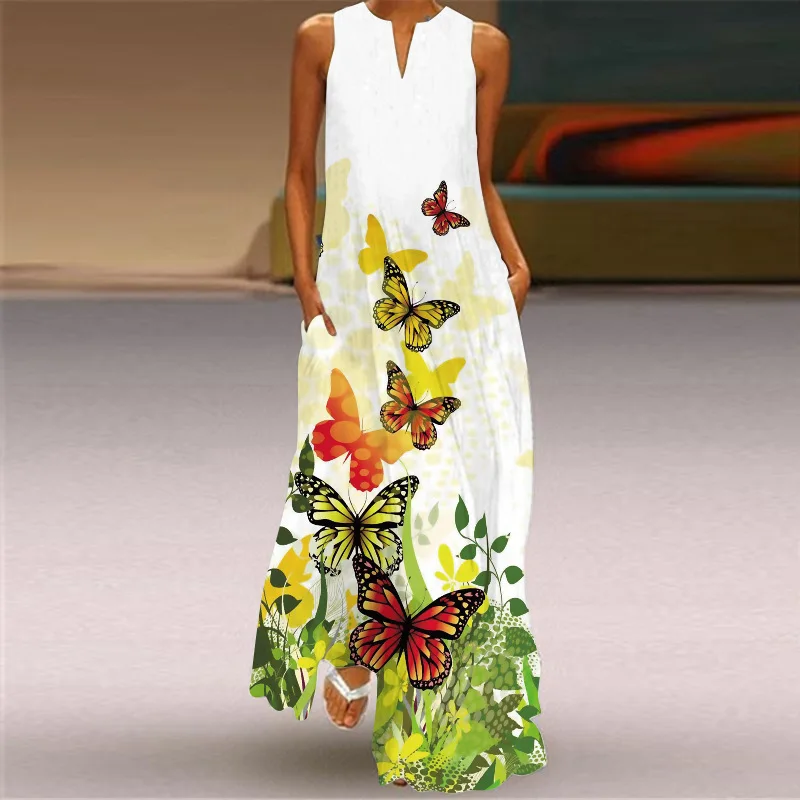 

Butterfly Print White Dress 2021 Casual Plus Size Long Skirt Summer Ladies Sleeveless Temperament V-neck Big Swing Dress