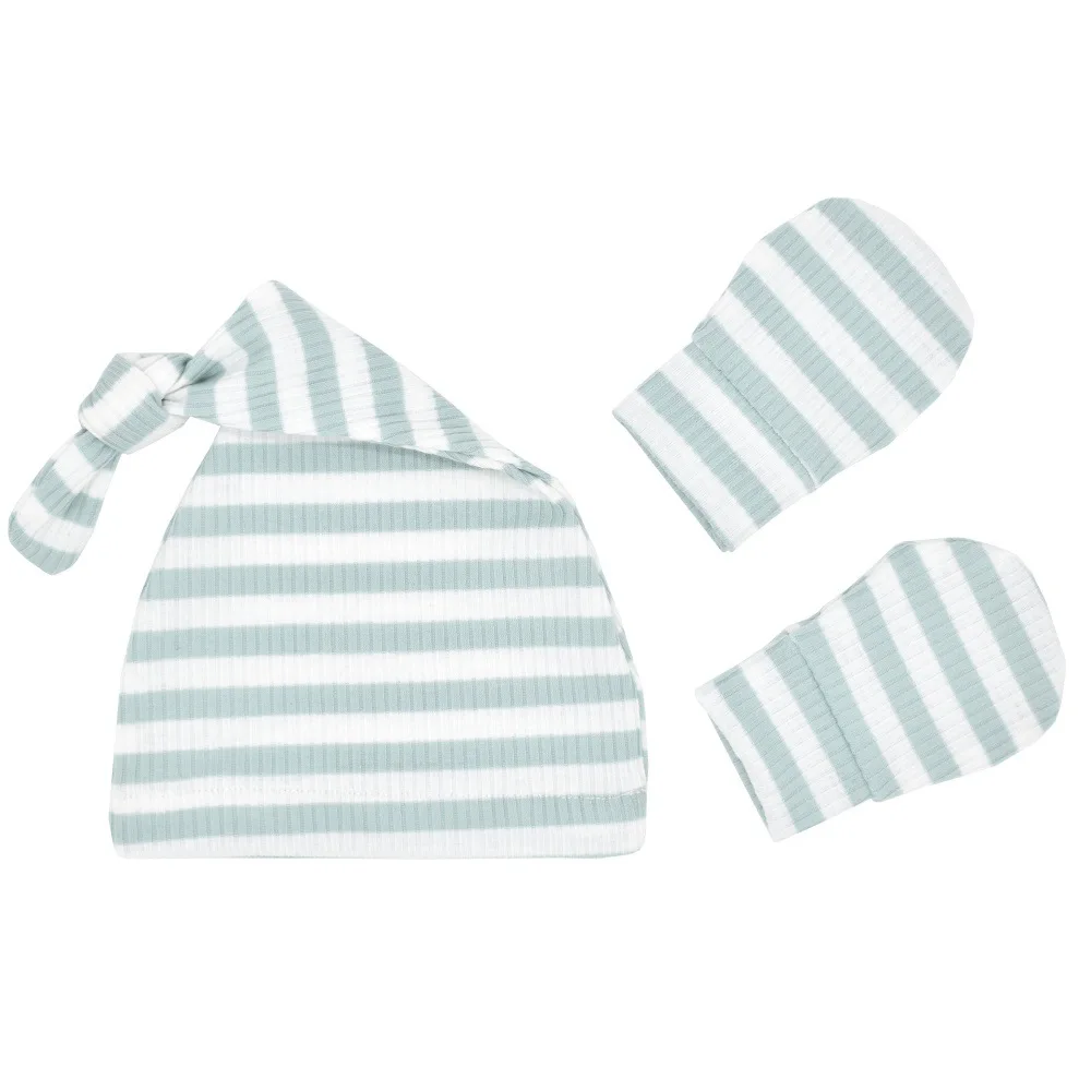 2Pcs/Set Cotton Baby Hats Mittens Newborn Stripe Knot Soft India Cap Toddler Anti Scratching Gloves Girl Warmer Long Tail Beanie | Детская