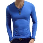 Повседневная тянущаяся футболка для мужчин, однотонный топ с V-образным вырезом, мужская приталенная футболка с длинным рукавом